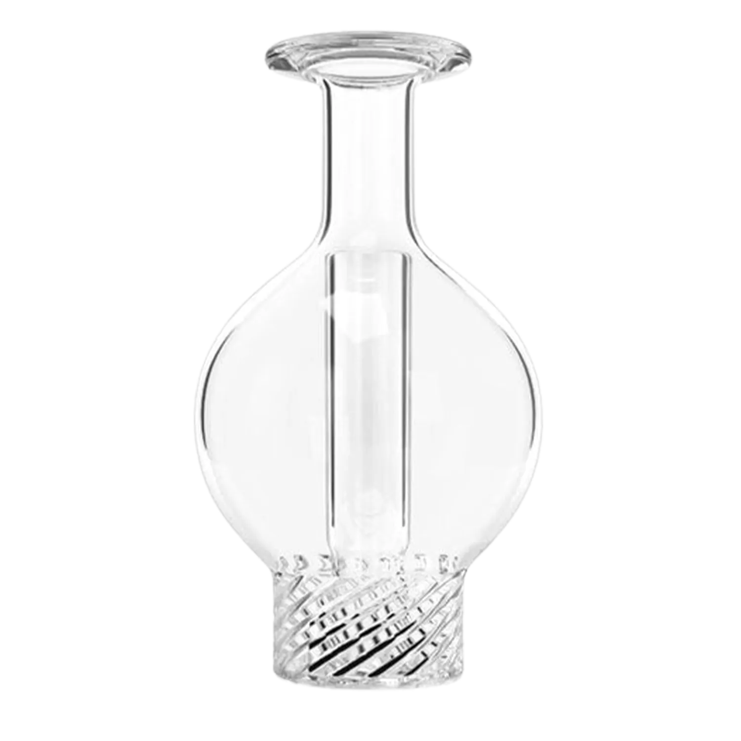 Top-down close-up of a clear Honey Hive Bubble Carb Cap showing its spherical bulb, central stem and textured ribbed base against a white background