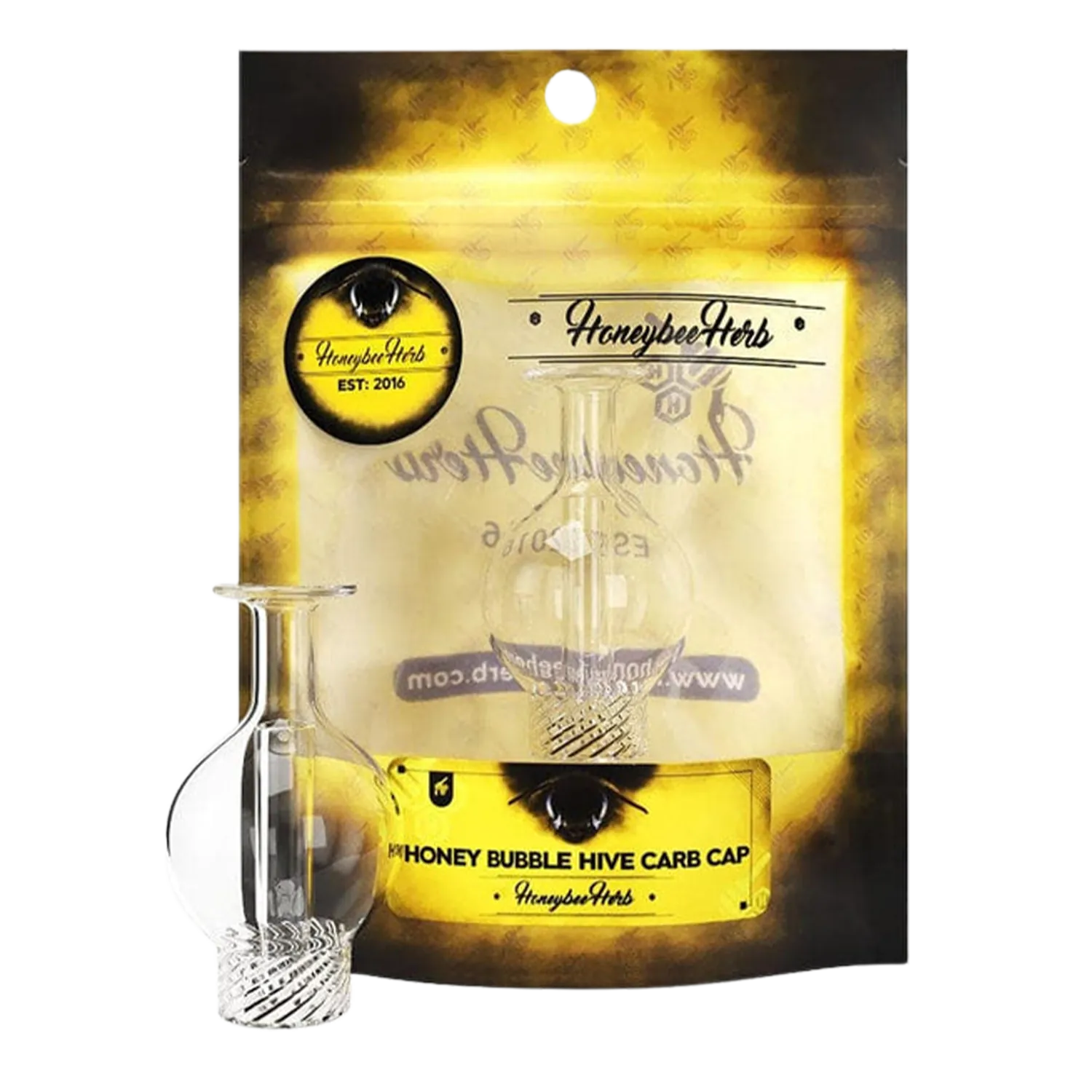 Angled front view of a clear glass carb cap resting against a yellow Honeybee Herb Honey Hive Bubble Carb Cap branded card.