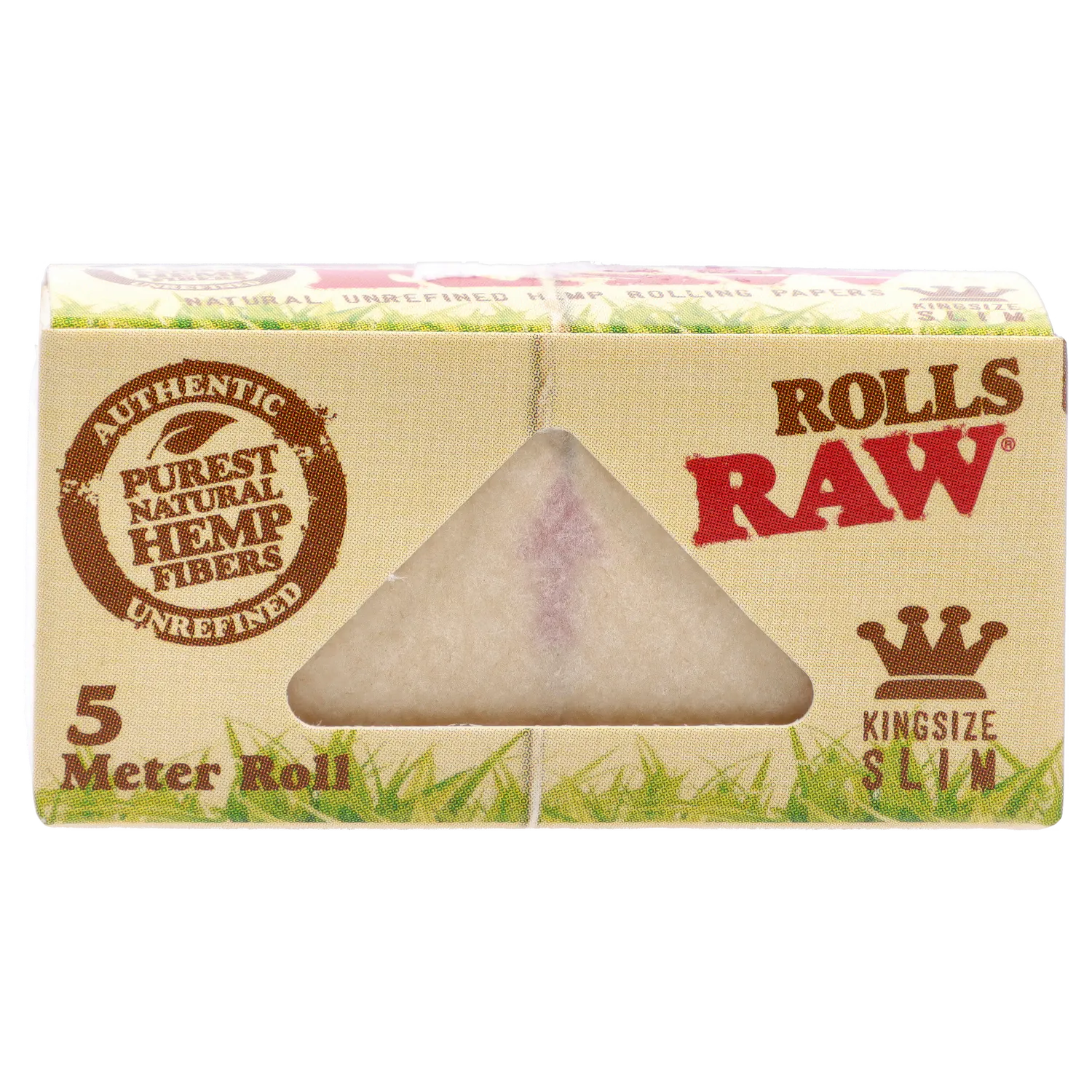 Close-up front view of the RAW Organic Hemp 5 Meter Paper Roll King Size Slim box showing a triangular paper window and printed logo.