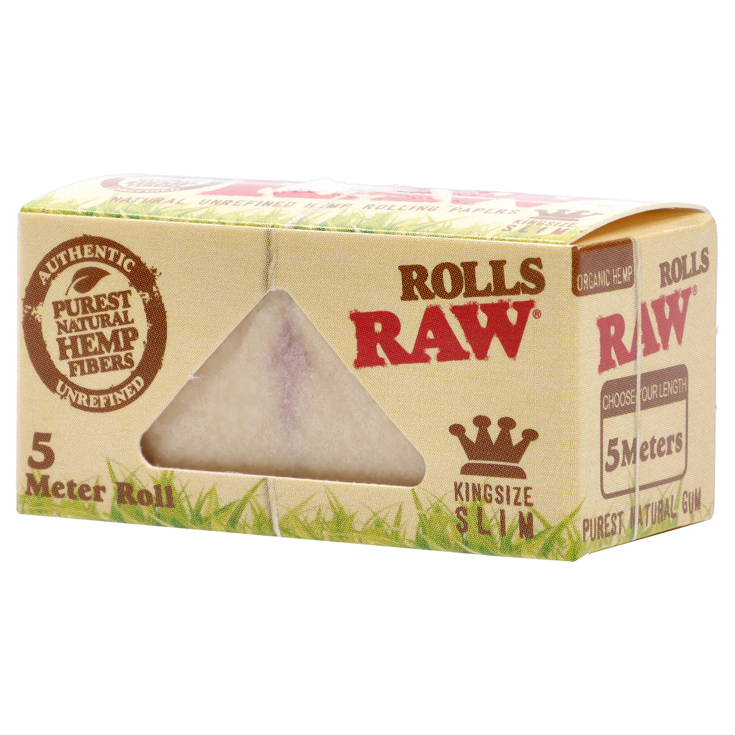 Angled close-up of a beige box with a triangular window showing the paper roll labeled RAW Organic Hemp 5 Meter Paper Roll King Size Slim