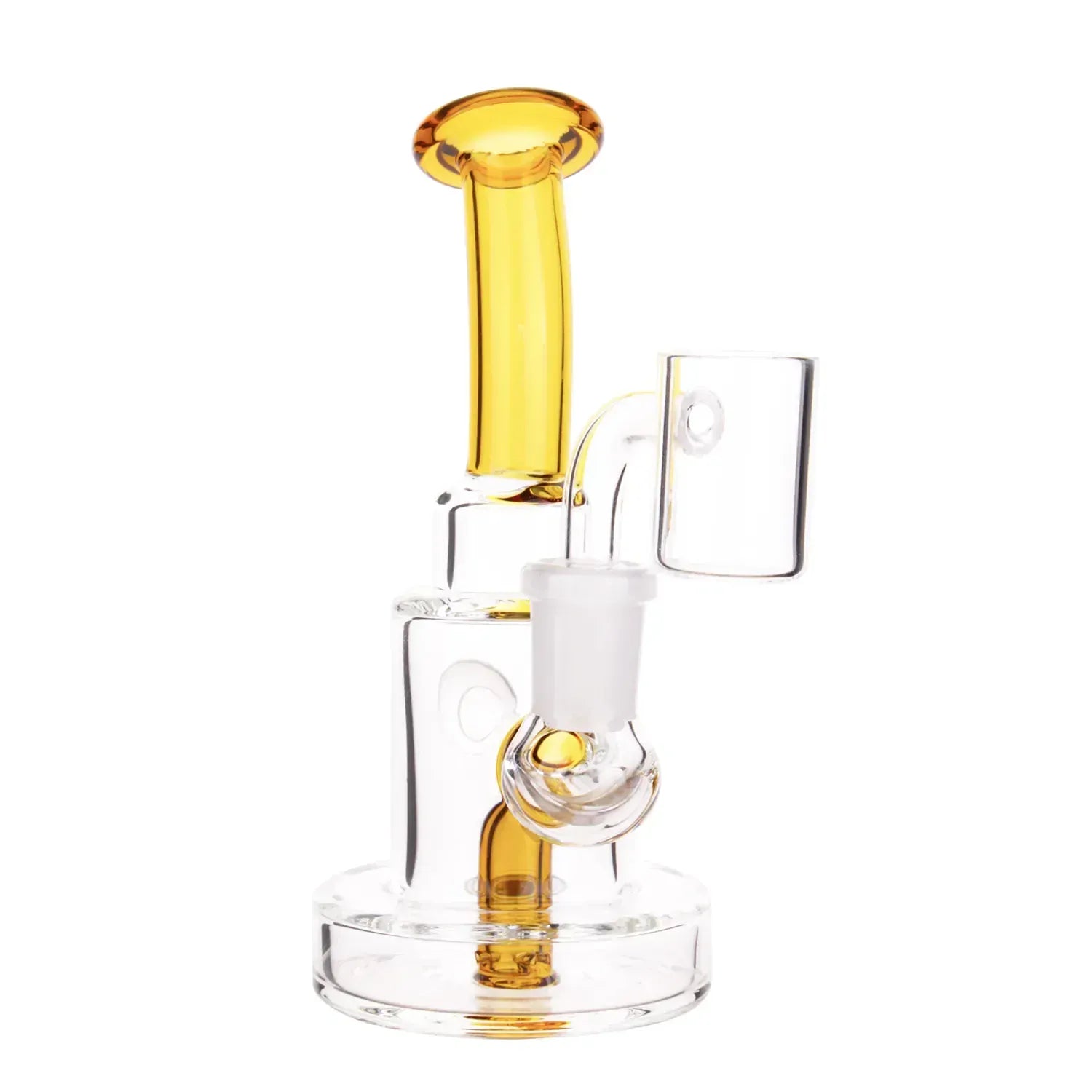 Close-up, three-quarter view of the clear DHC Colored Accents Dual-Use Mini Bong - 5.5 in. with a blue-tinted curved mouthpiece.