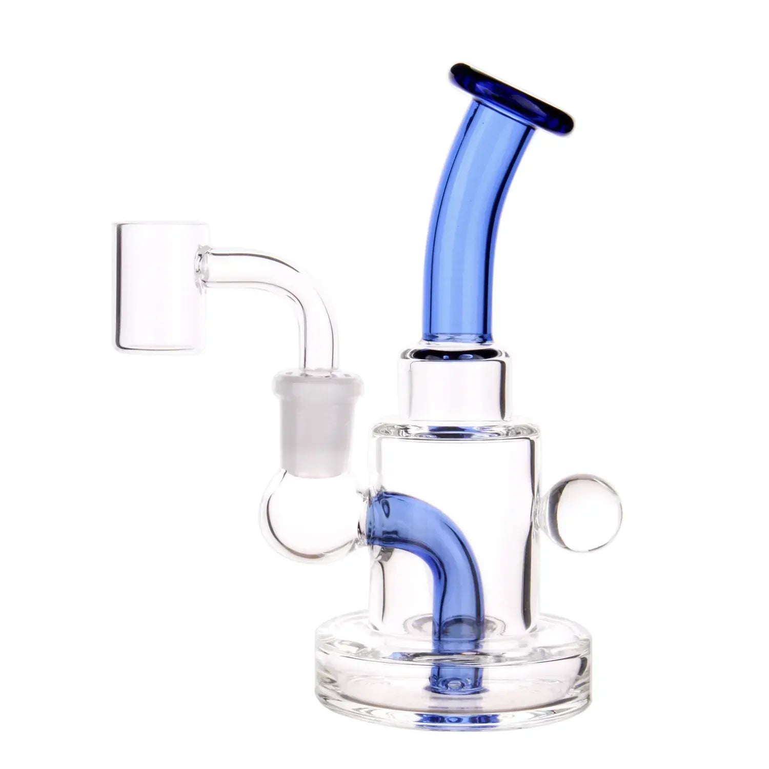 Close-up, right-side view of the DHC Colored Accents Dual-Use Mini Bong - 5.5 in. showing a clear glass body with a curved blue neck and matching internal tube against a white background.