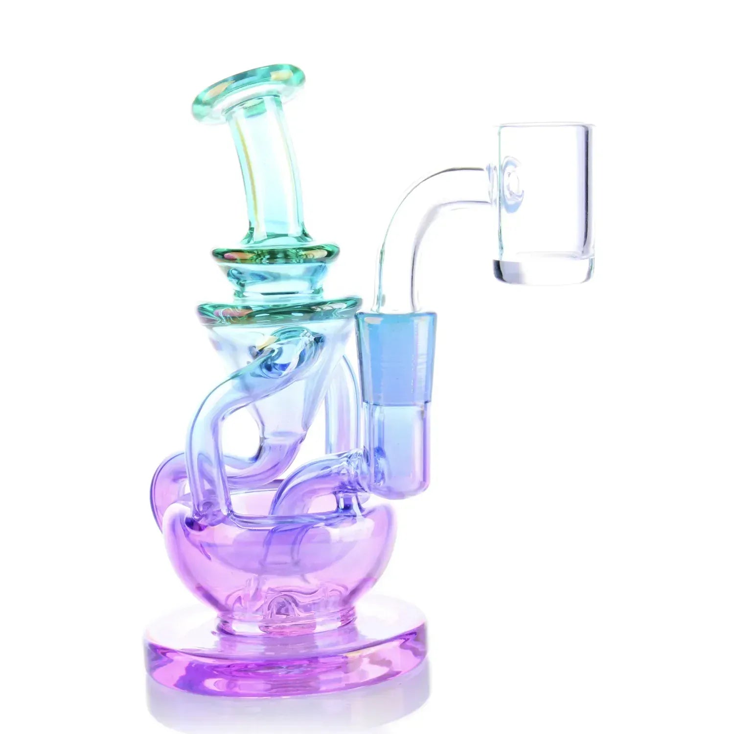 Close-up, angled view of the ombre blue DHC Swirly Recycler Dab Rig - 5.5 in., showing twisted glass chambers and a clear banger against white.