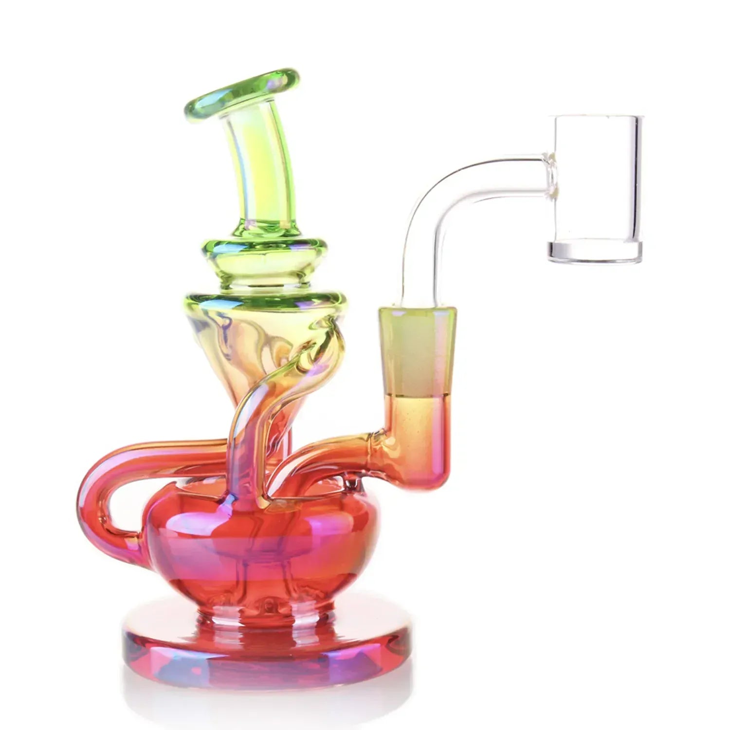 Close-up, three-quarter view of the iridescent Ombre Green DHC Swirly Recycler Dab Rig - 5.5 in., showing its twisted neck, curved recycler tubes, and clear banger against a white background