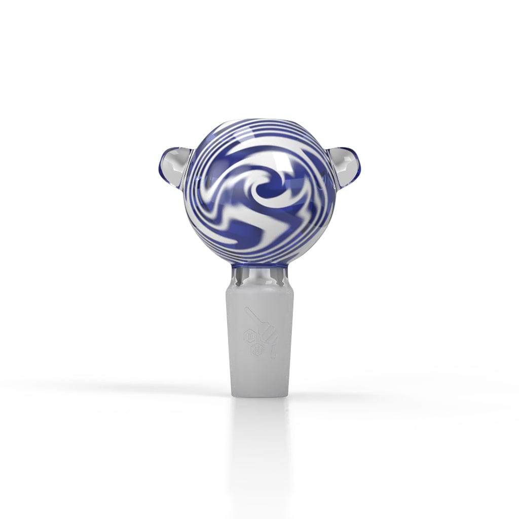 Centered front view of the Honeybee Herb Glass Flower Bowl (Fb-10), showing a blue-and-white swirled glass bowl with two small side knobs on a white background.