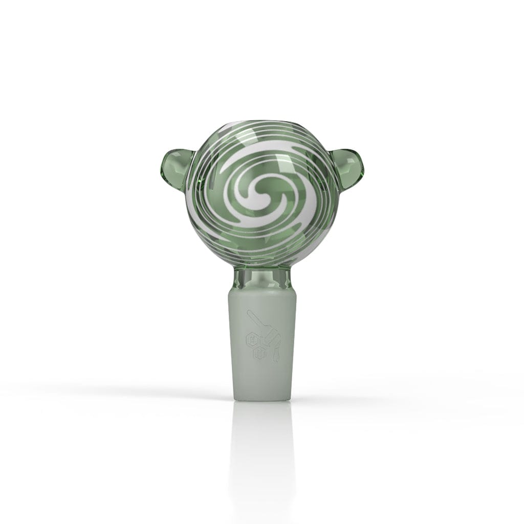 Front-facing view of the Honeybee Herb Glass Flower Bowl (Fb-10) showing a green glass bowl with white spiral pattern and two small side knobs against a white background