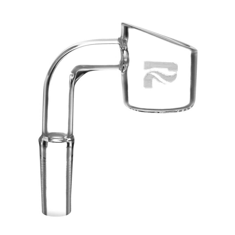 Side view of the clear Pulsar Domeless Quartz Side Banger | 10Mm Male showing its angled neck, bucket top with logo, and tapered male joint.
