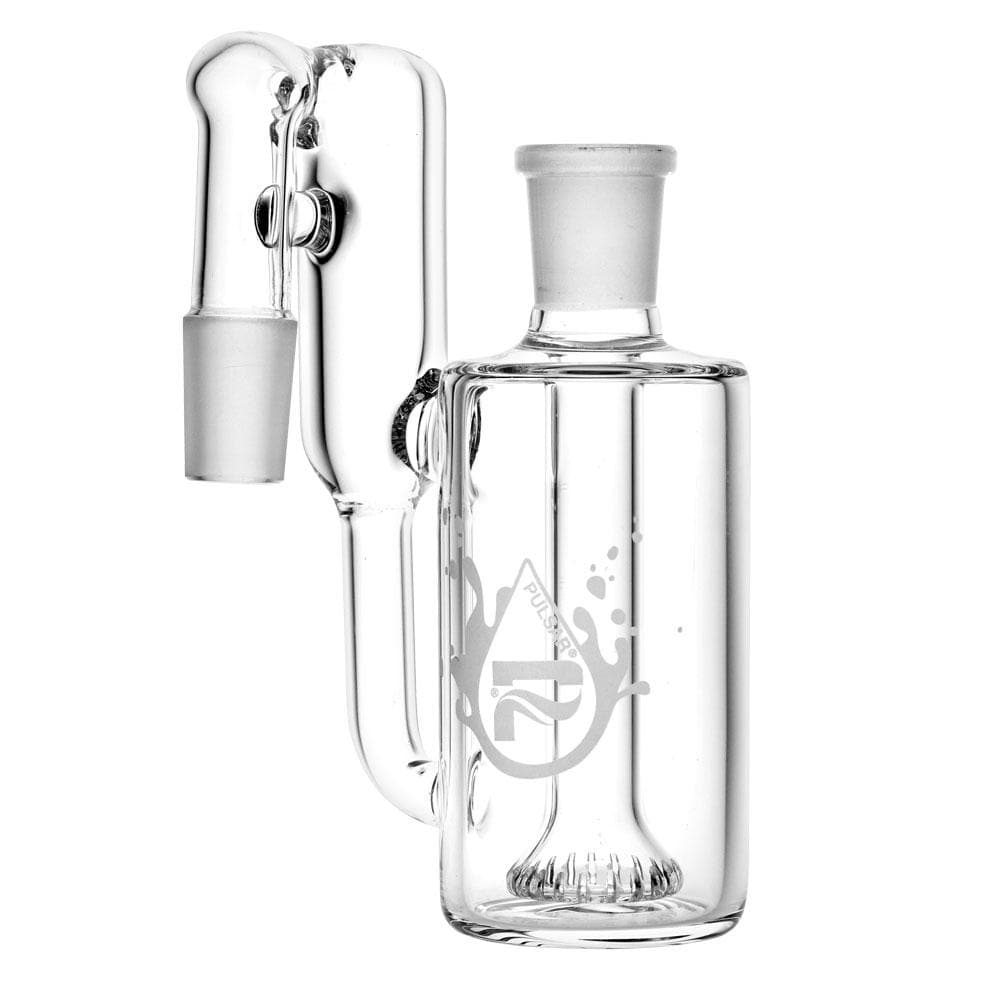 Studio-style front view of the clear Pulsar Showerhead Recycler Ash Catcher | 90 Degree showing its U-shaped joint and internal showerhead.