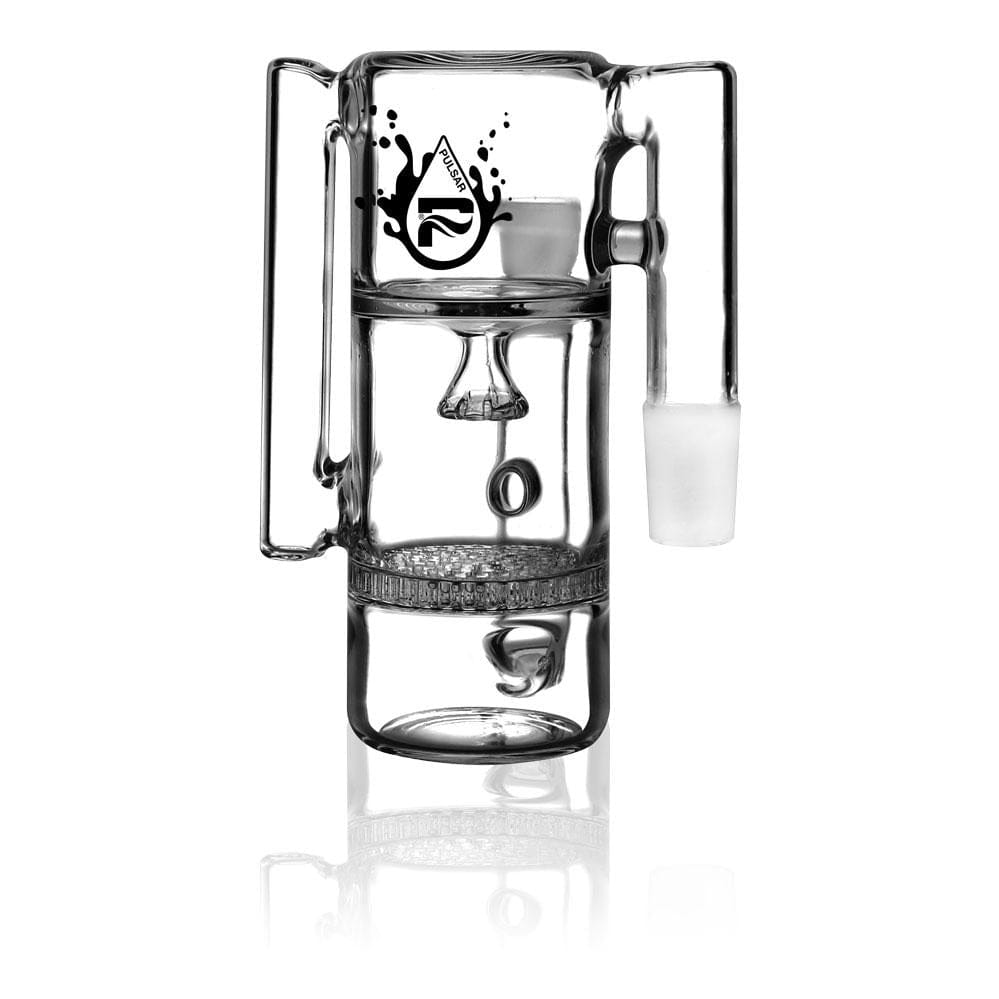 Front-facing studio shot of the Pulsar Honeycomb/Showerhead Recycler Ash Catcher showing its clear glass chambers, internal showerhead and honeycomb percolator with soft reflection.