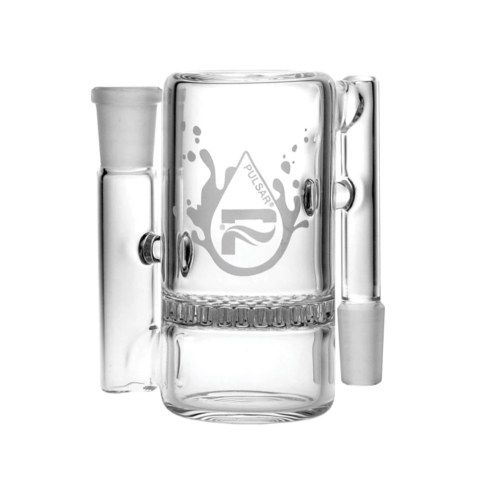 Front-facing view of the clear Pulsar Honeycomb Ash Catcher | 90 Degree showing its cylindrical chamber, visible honeycomb percolator ring and logo on a white background