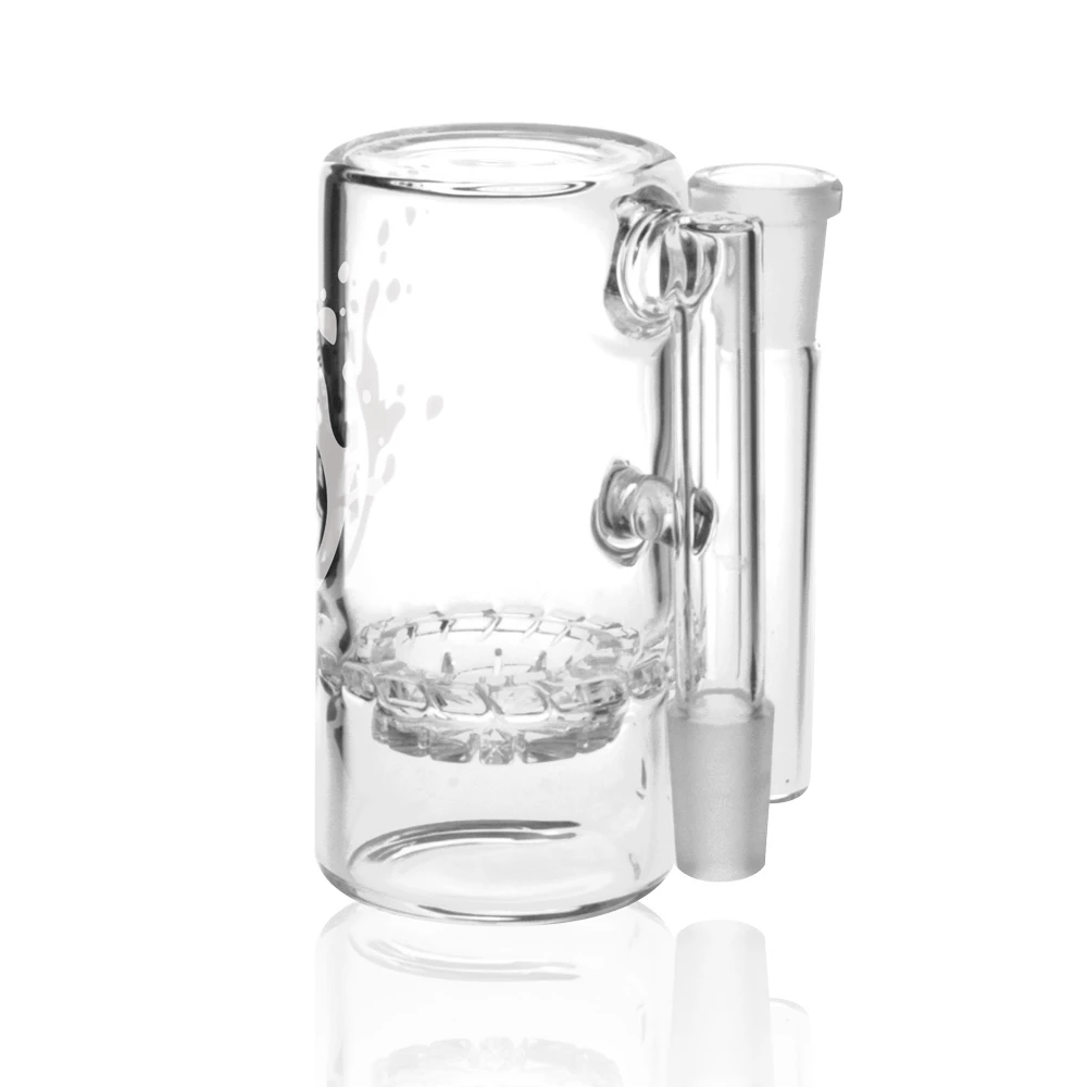 Close-up front view of the clear Pulsar Turbine Ash Catcher showing its cylindrical chamber, internal turbine, and side joint.