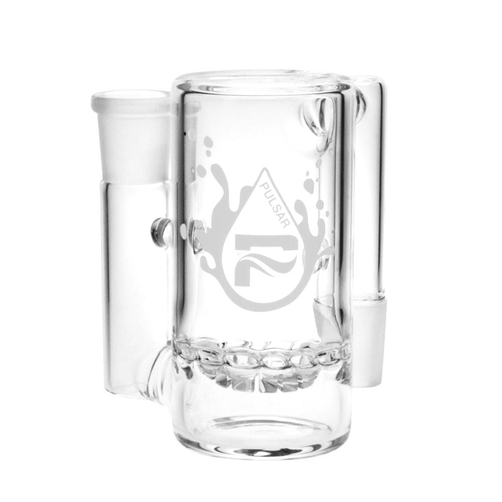 Front-facing shot of the clear Pulsar Turbine Ash Catcher showing its cylindrical chamber, inner turbine percolator ring, and frosted joint against a white background.