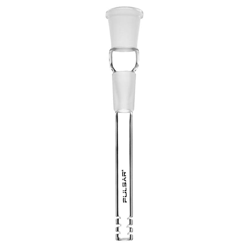 Straight-on view of the Pulsar Diffused Downstem showing its clear glass shaft, frosted joint, and diffused slotted tip.