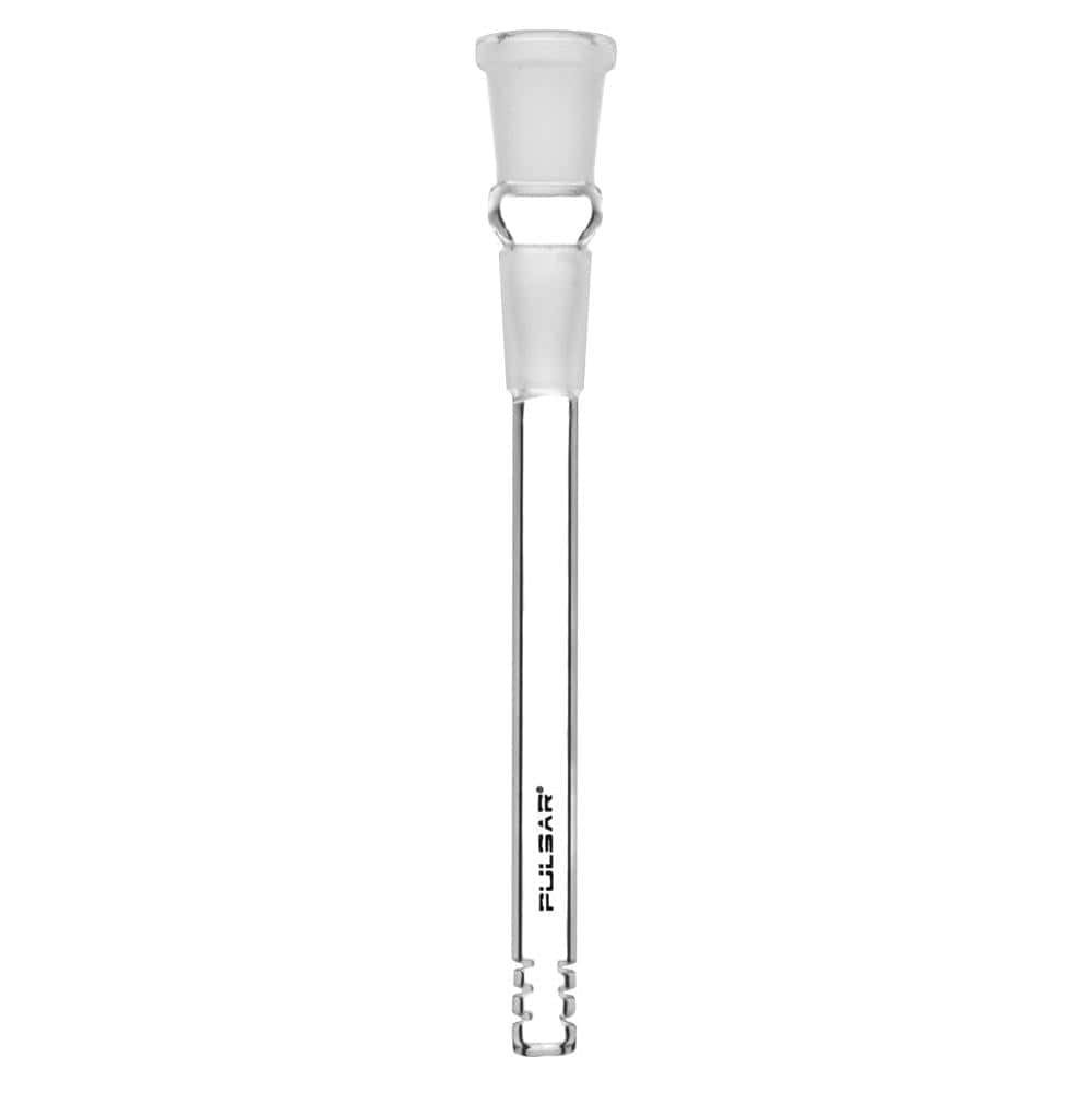 Straight-on view of the clear glass Pulsar Diffused Downstem showing its frosted joint at top, long slender tube, and notched diffuser tip.