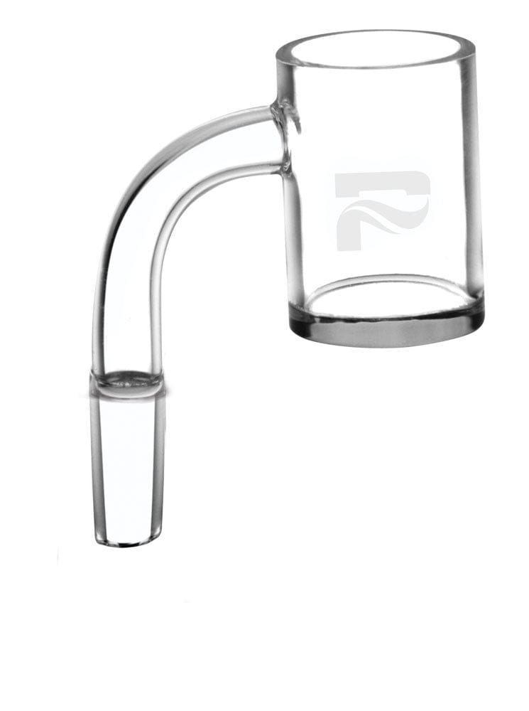 Angled side view of a clear glass Pulsar Quartz Fat Bottom Banger - 90D showing its curved neck, thick flat-bottomed bucket, and subtle logo.