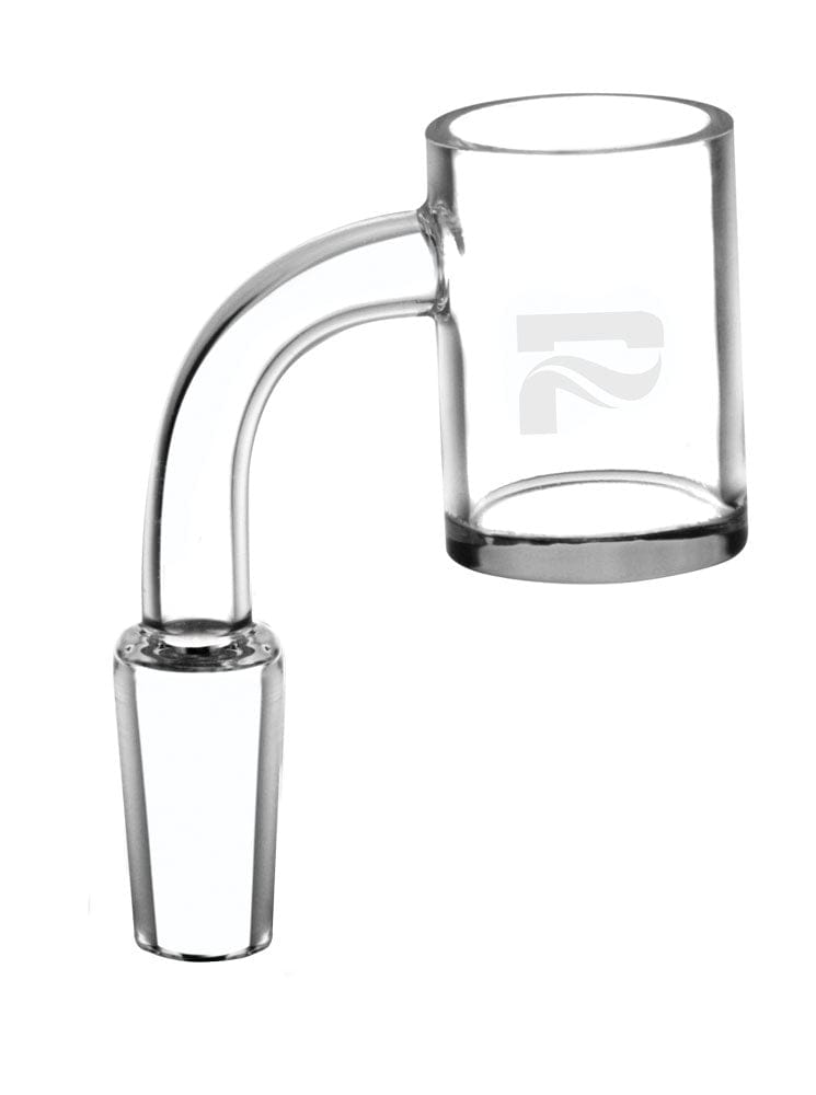 Angled close-up of the clear Pulsar Quartz Fat Bottom Banger - 90D showing its 90-degree neck and thick-walled cup against a white background