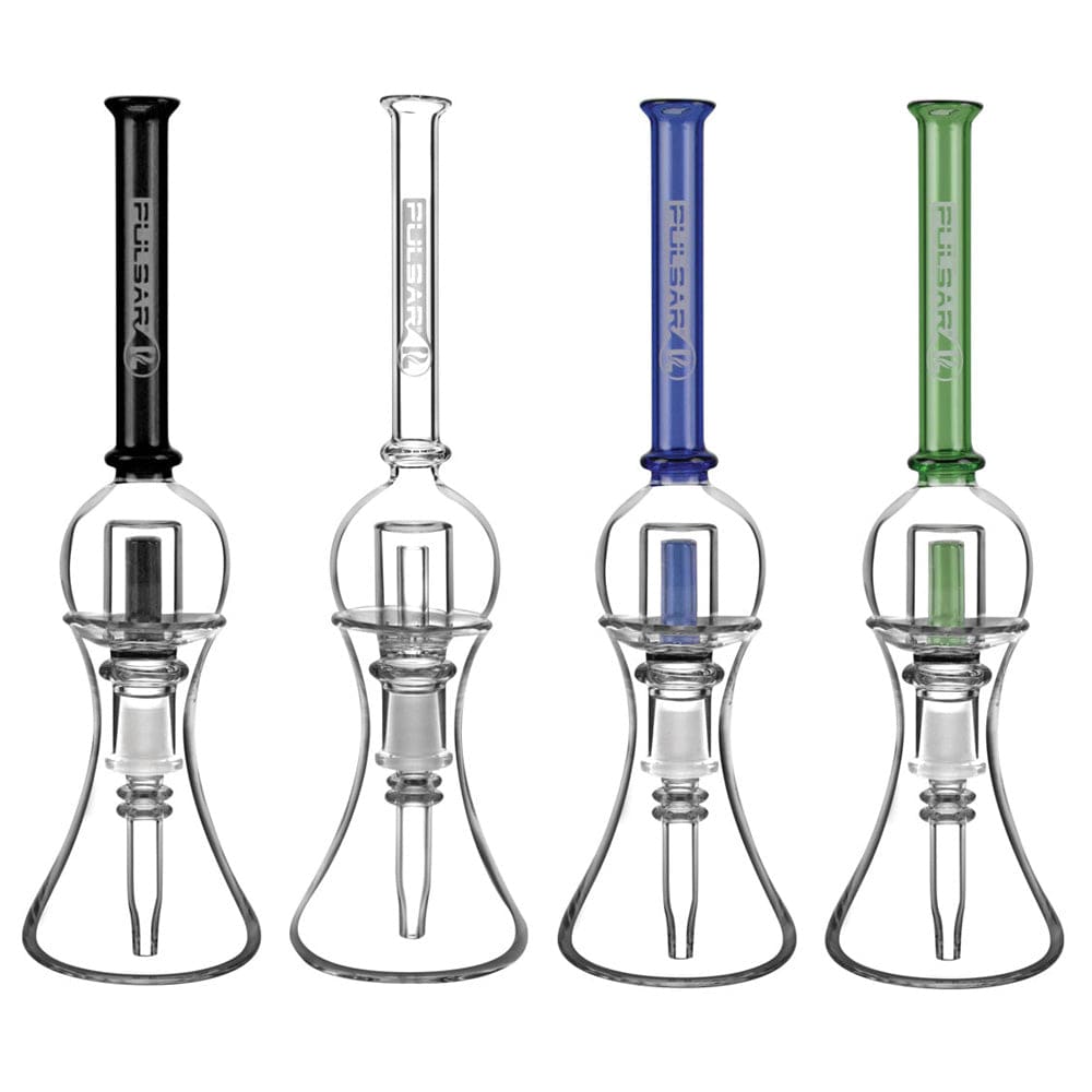 Row of four Pulsar Bubble Vapor Vessel W/ Quartz Tip & Stand - 8.5" / 10Mm / Assorted Colors shown front-on against white, each with tall colored necks and clear bubble bases.