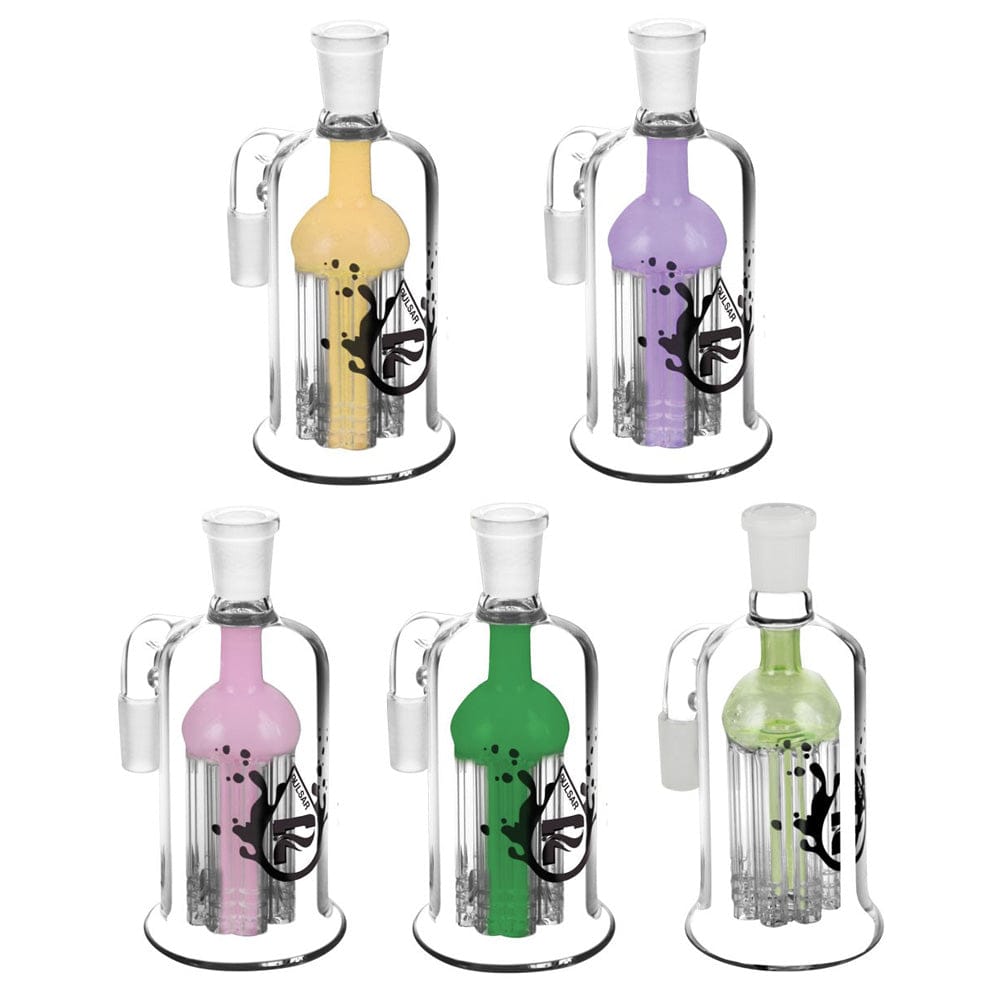 Five colorful Pulsar 8 Arm Ash Catcher - 19Mm Male / Colors Vary pieces shown front-on against white, each with a different colored inner percolator and clear glass body.