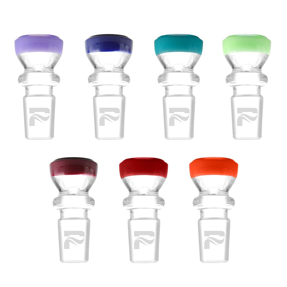 Rowed grid of seven Pulsar Color Ring Herb Slide / Colors Vary pieces photographed front-on against a white background, each clear glass slide topped with a different colored rim.