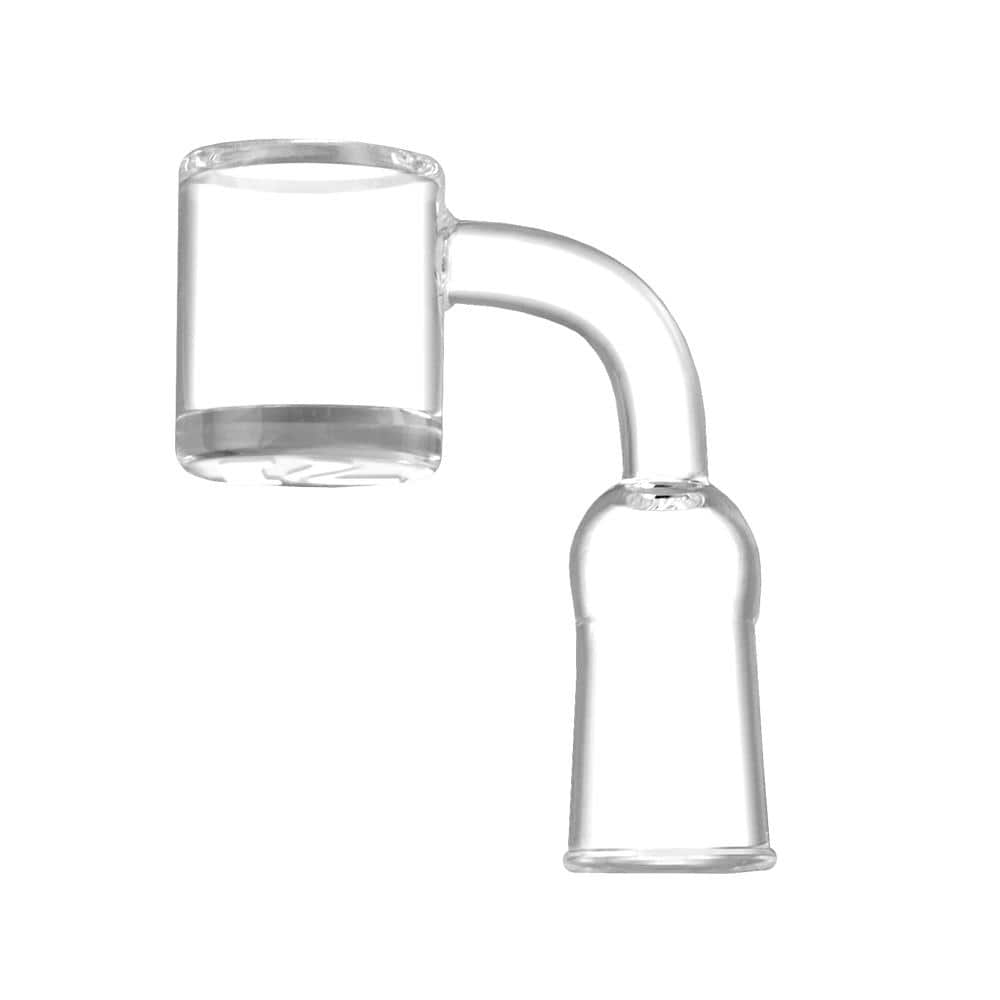 Transparent studio-side view of a Pulsar Beveled Edge Quartz Banger showing its angled neck and cylindrical cup against a white background