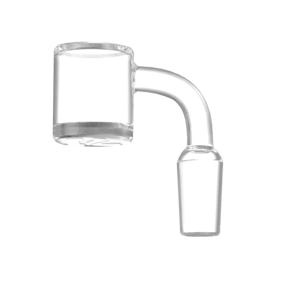 Side view of a clear glass Pulsar Beveled Edge Quartz Banger showing its cylindrical bucket, curved neck, and 14mm male joint against a white background.