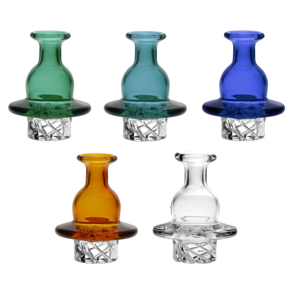 Five-piece top-down view of Pulsar Multi Airflow Helix Carb Cap - 37Mm / Colors Vary showing green, teal, blue, amber, and clear glass caps on a white background