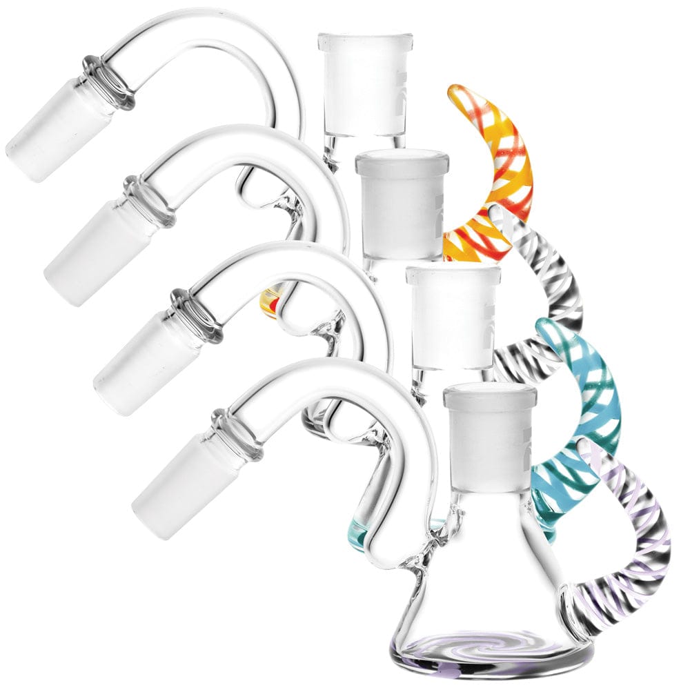 Angled studio shot of four Pulsar Worked Ash Catcher 45 Degree - Colors Vary pieces showing their clear 45-degree glass joints and colorful twisted handles against a white background