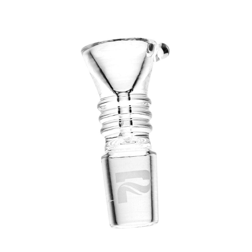 Tilted close-up of a clear Pulsar Glass Bong Bowl showing its ribbed neck, conical bowl, and frosted 14mm joint against a white background