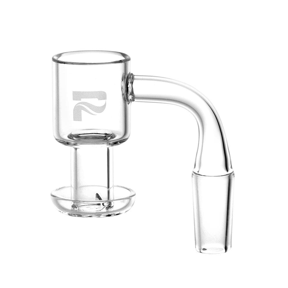 Side view of a clear glass Pulsar Terp Slurp Banger showing its bucket, curved 90° neck, and flat base against a white background.