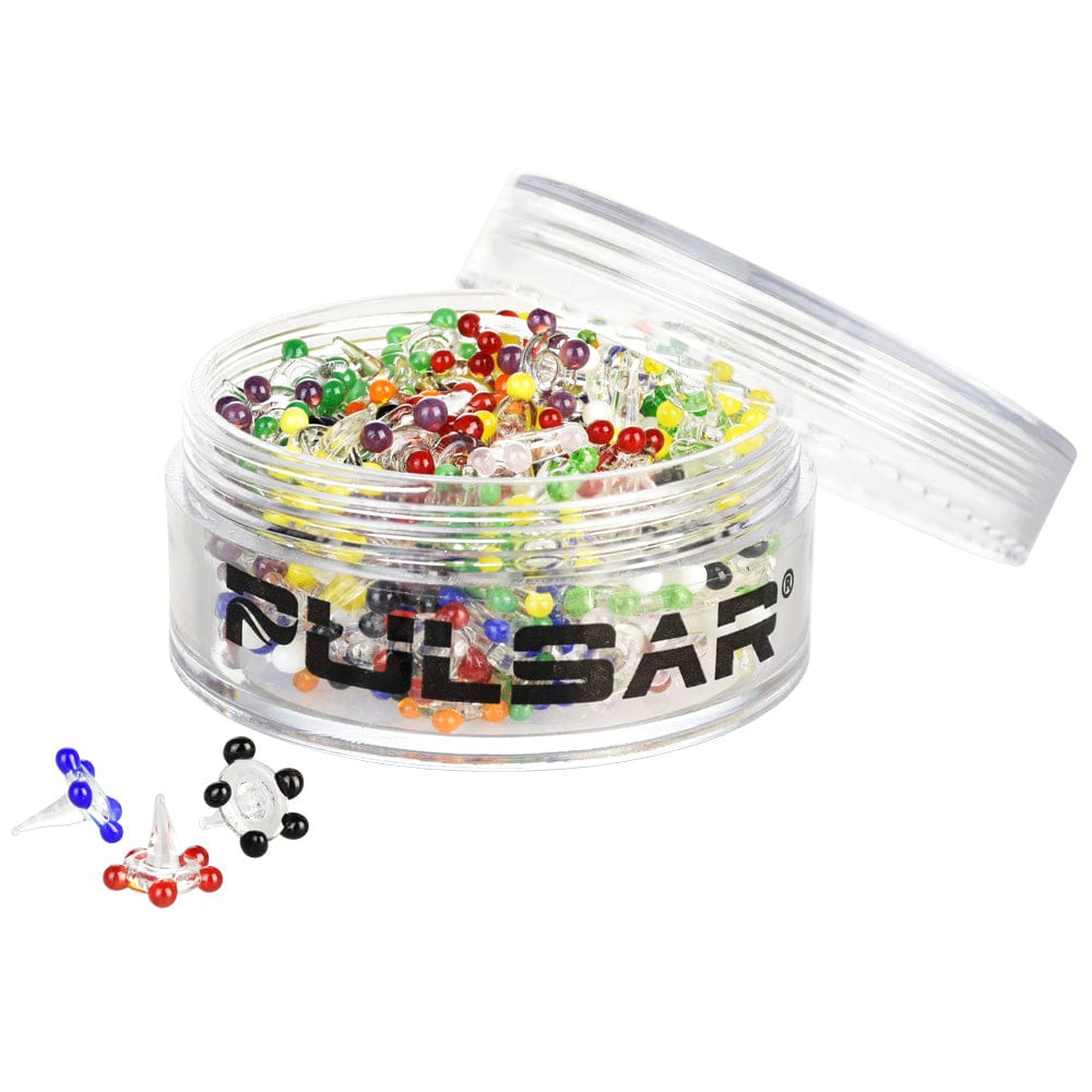 Angled close-up of an open Pulsar 150Pc Jar - Pulsar Glass Daisy Screens - Large / Assorted showing multicolored glass beads.