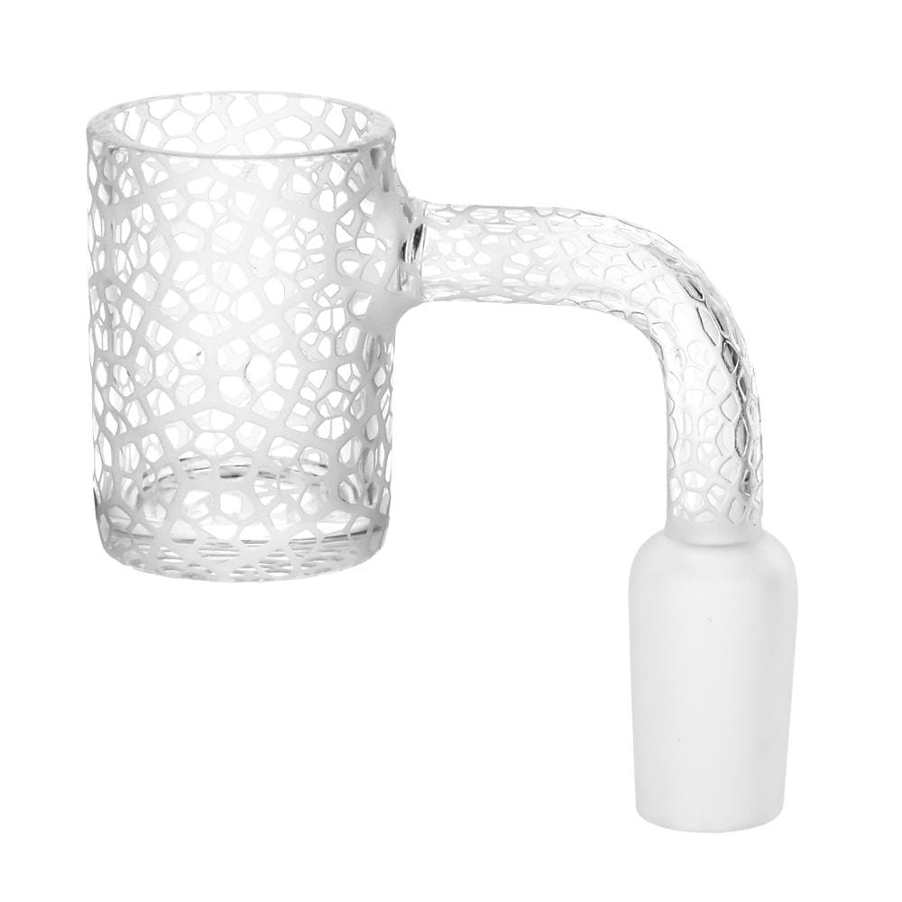 Side view of a white, cellular mosaic patterned quartz banger, Pulsar Cellular Mosaic Etched Quartz Banger, against a clean white background.