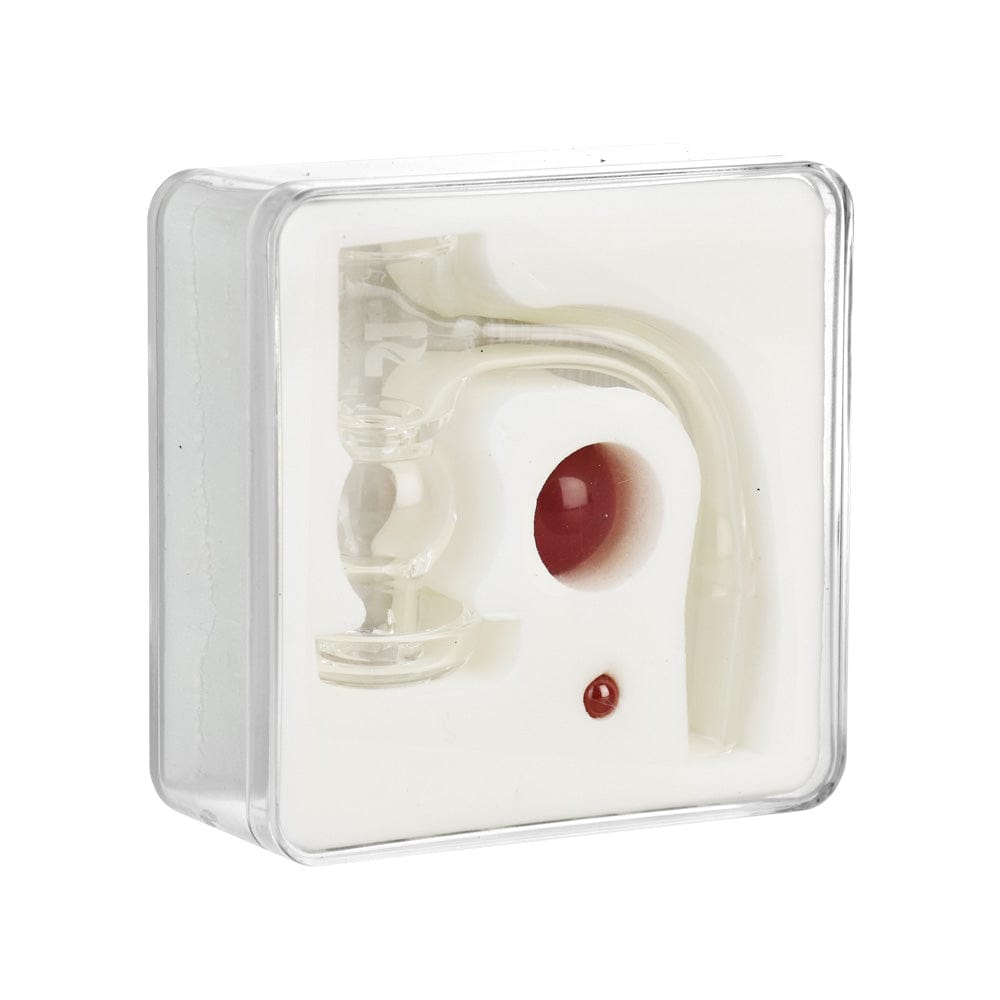 Angled front view of the Pulsar Quartz Terp Slurper Hybrid Set - 14Mm M / Colors Vary in clear plastic packaging showing the glass slurper piece and a red marble against a white foam insert.