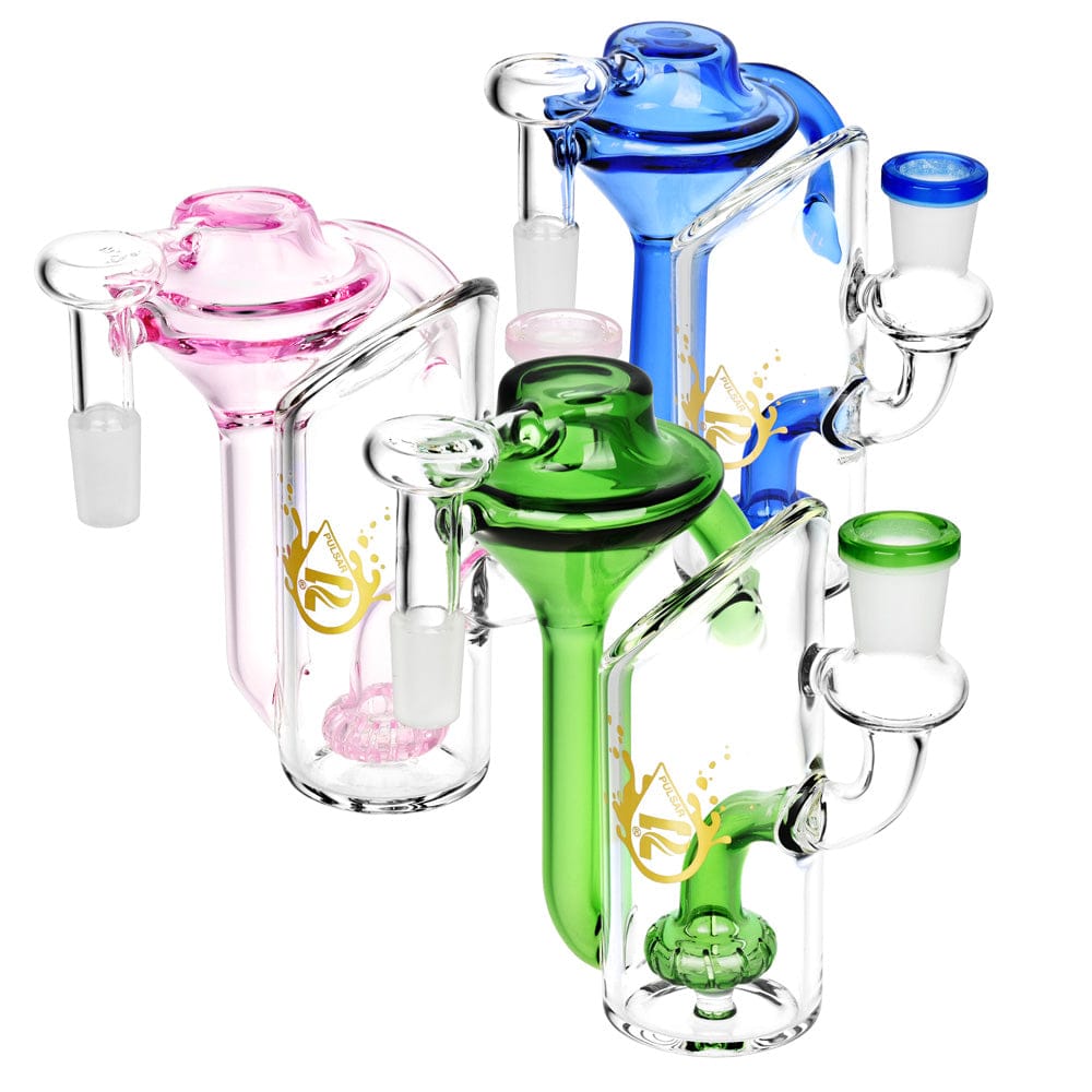 Angled view of three Pulsar Alchemist Recycler Ash Catcher | 14Mm | 5" | Colors Vary pieces in blue, green, and pink on a white background.
