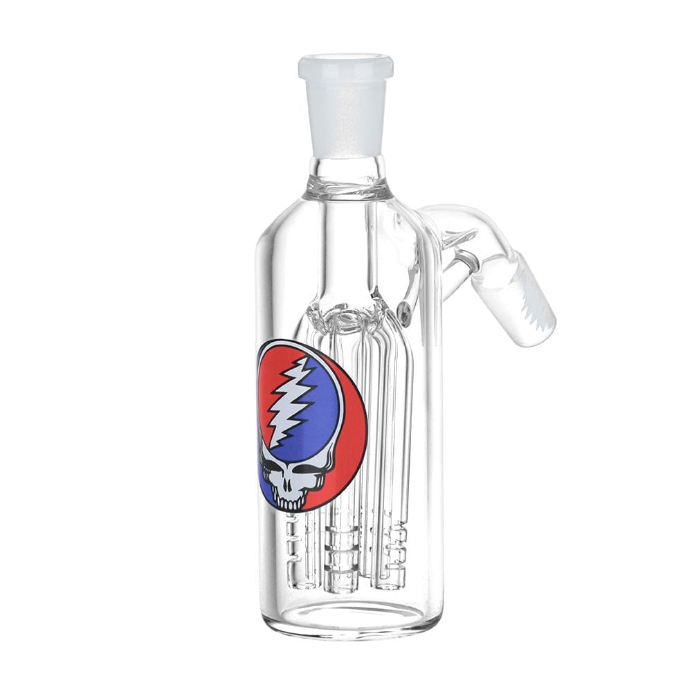 Clear studio-front view of the Grateful Dead X Pulsar Syf Ash Catcher 14Mm M To 14Mm F showing its vertical multi-tube percolator and red-and-blue skull logo.