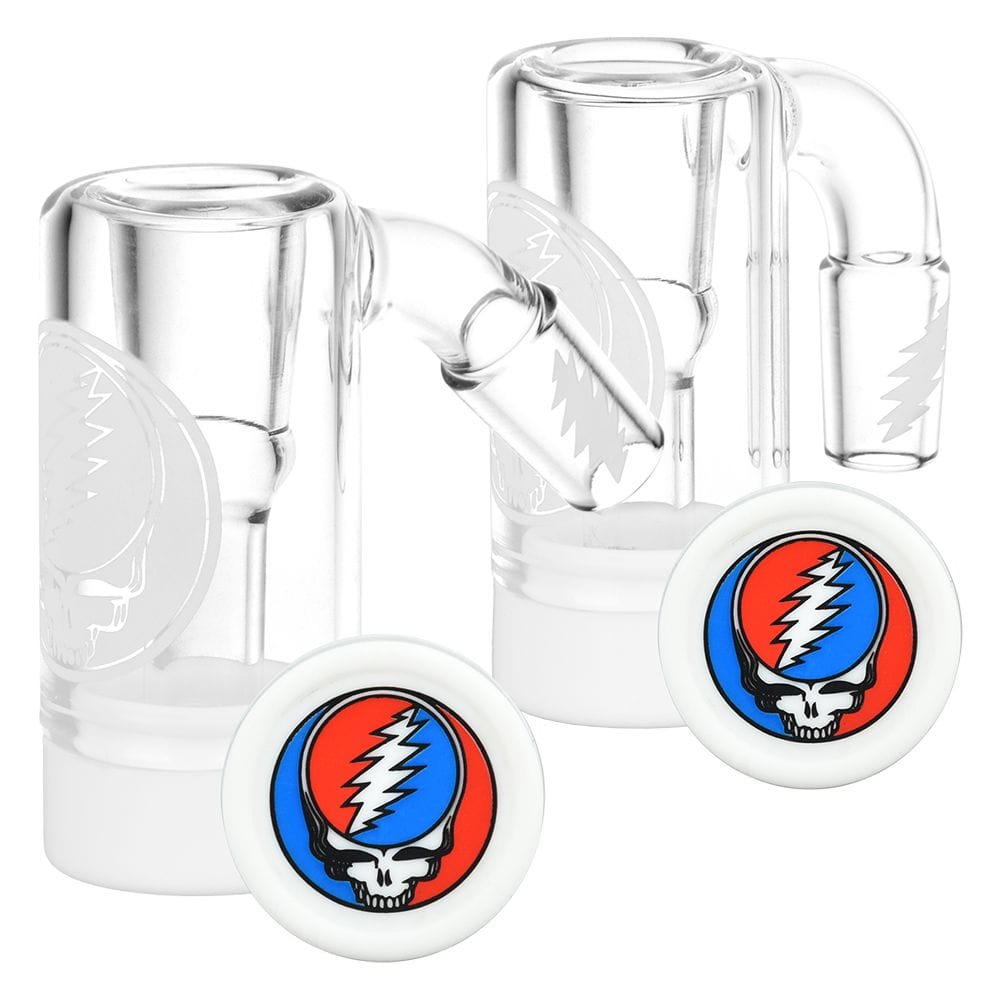 Close-up front view of the Grateful Dead X Pulsar Steal Your Face Reclaim Kit | 14Mm showing two clear 90-degree glass pieces and two white circular reclaim caps with the red-and-blue lightning skull logo.
