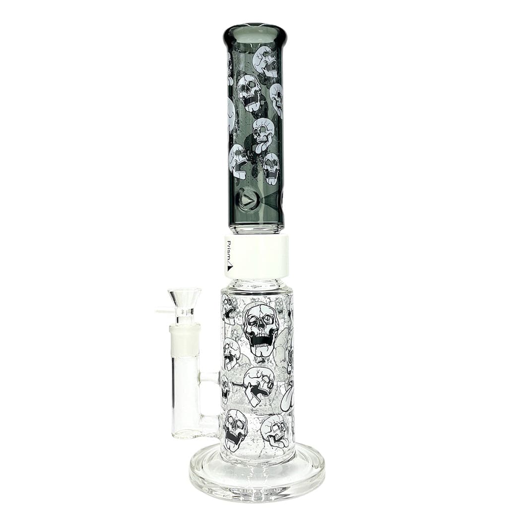 Tall front view of the Prism Prism Skull Big Honeycomb Single Stack showing stacked clear and dark glass chambers patterned with repeating skulls against a white background