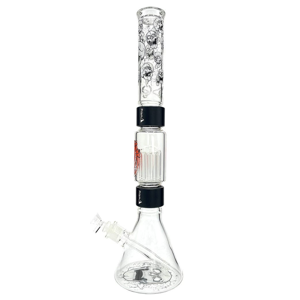 Tall front view of the Prism Prism Skull Beaker Double Stack showing clear glass with skull graphics, stacked chambers and black band accents