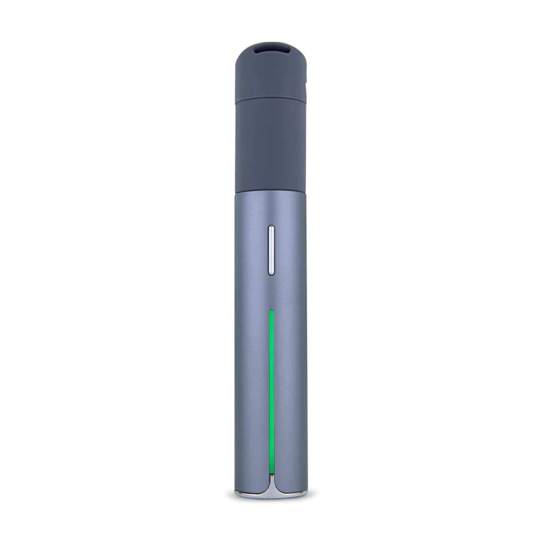 Center-aligned studio shot of the slate Puffco Pivot Vaporizer standing upright against a white background, showing its cylindrical body, top mouthpiece, and illuminated vertical LED strip.