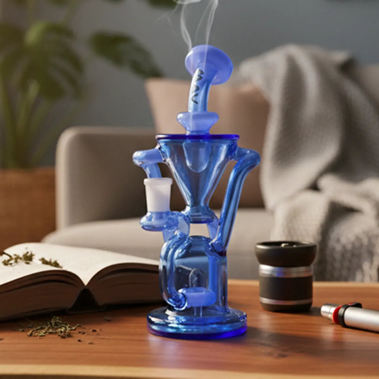 Close-up front view of The Humboldt Recycler in translucent ink-blue glass standing on a wooden table with a soft-focus couch, open book, and scattered herbs behind it.
