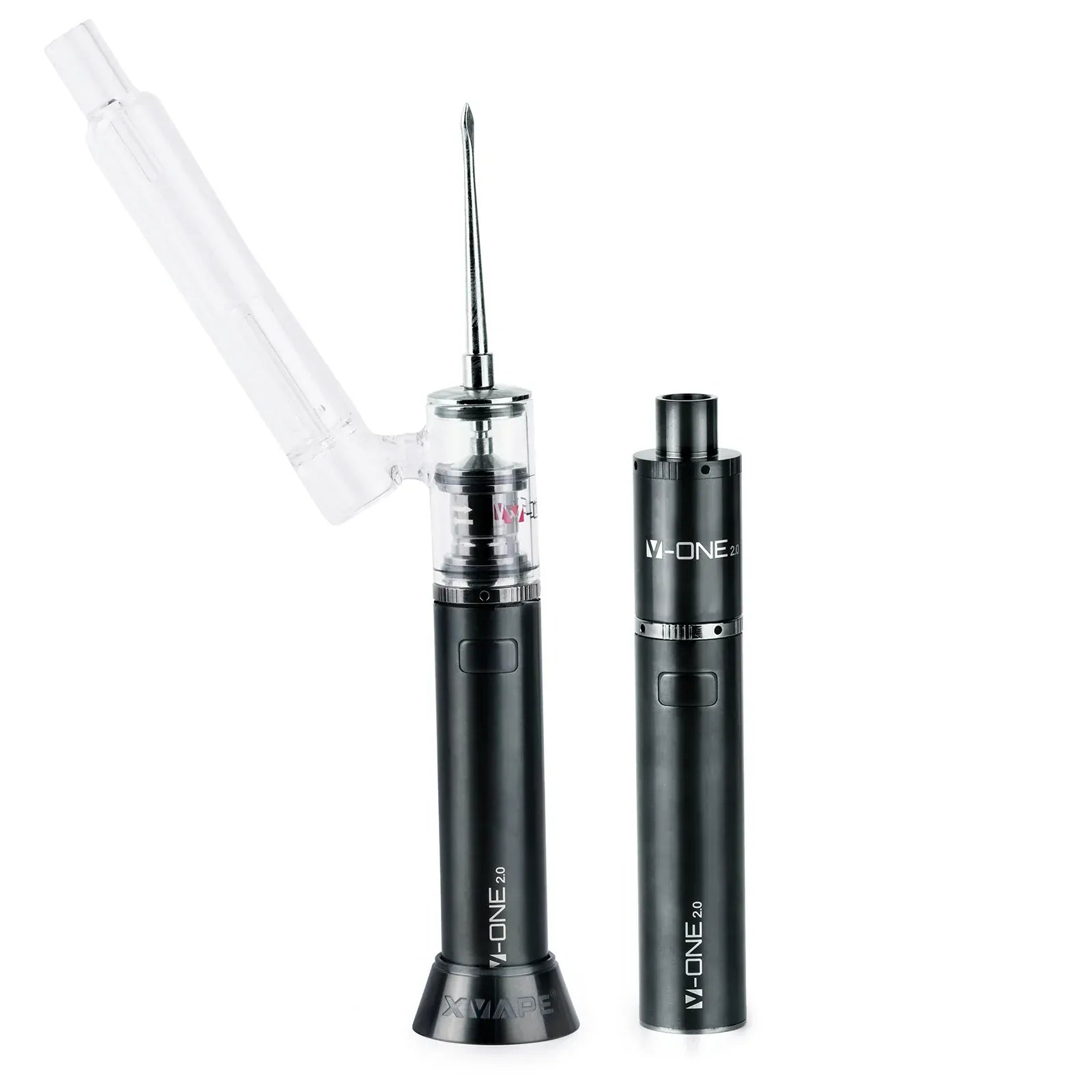 Studio shot of two black XVAPE V-ONE 2.0 units standing upright, one with a tilted clear glass mouthpiece and metal pin exposed.