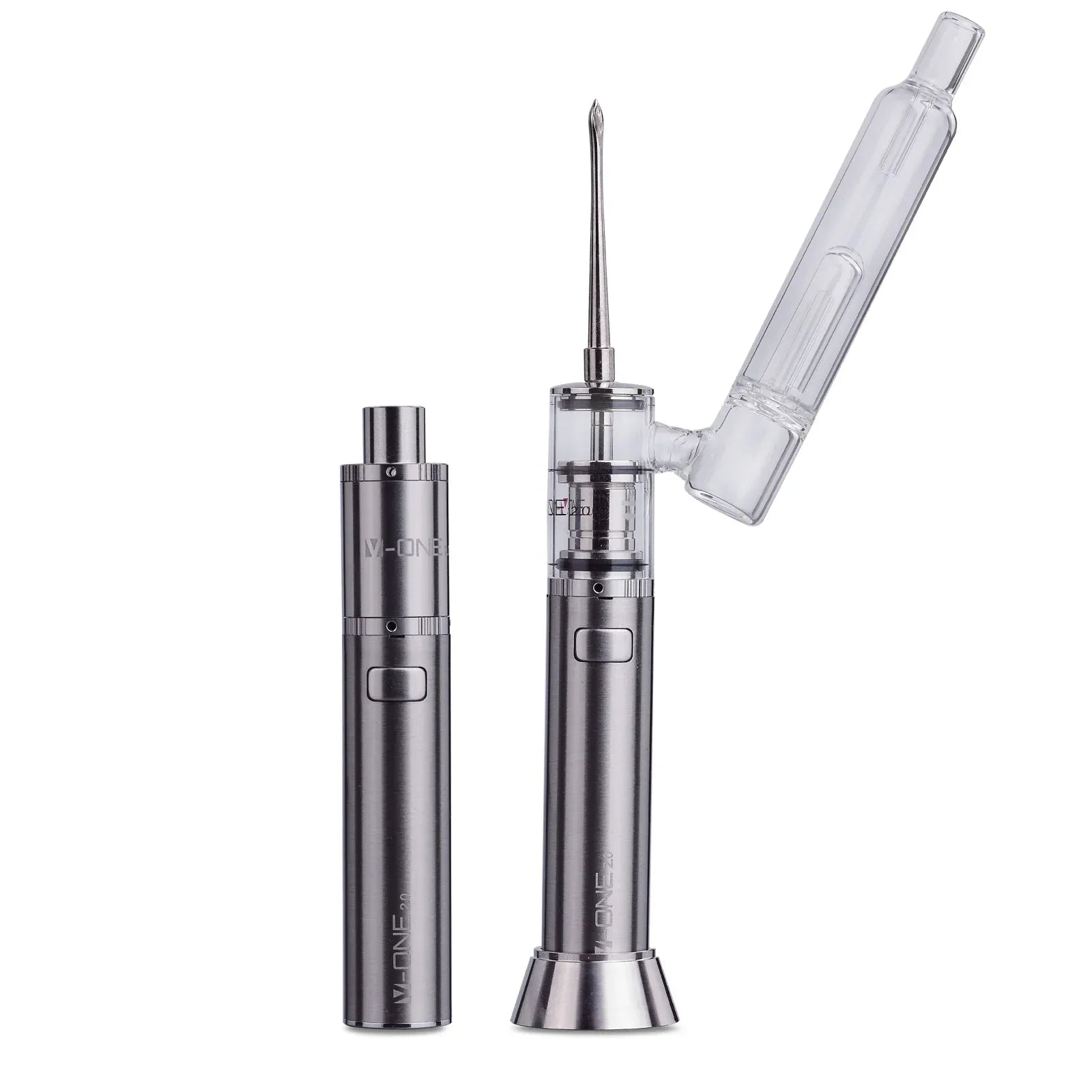 Two silver XVAPE V-ONE 2.0 units shown upright on a white background, one with a clear angled glass attachment and metal dab tip exposed.