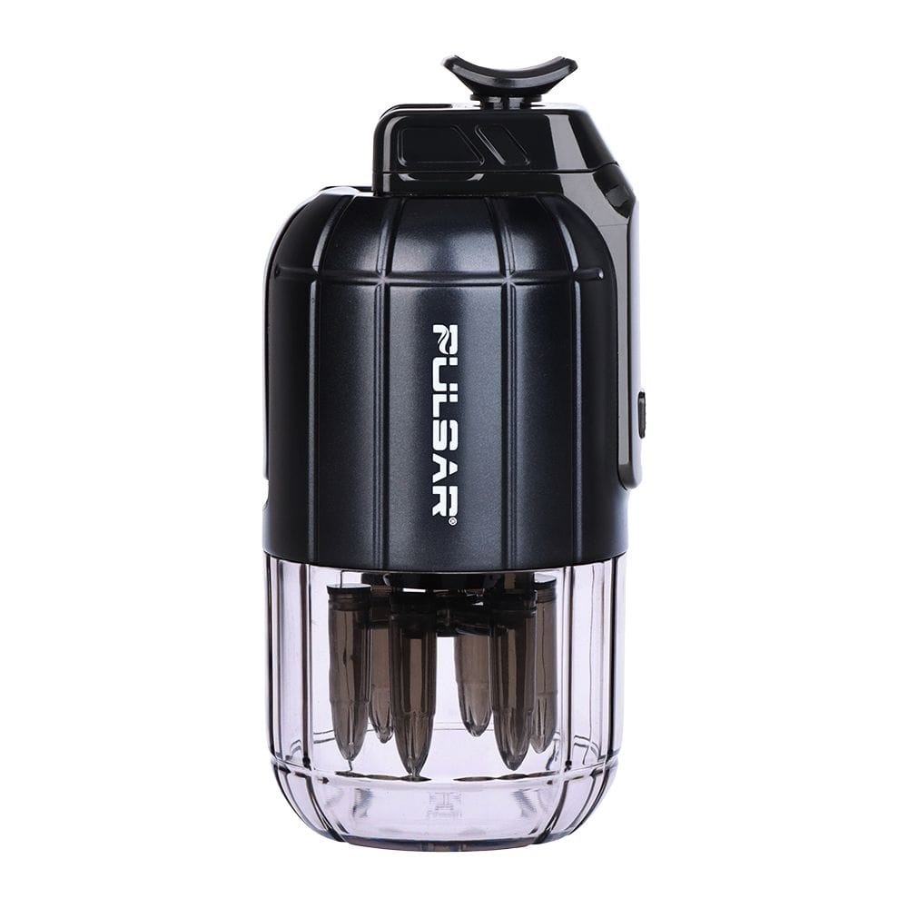 Front view of the black Pulsar Dabtron 2.0 Electric Dab Rig | 1500Mah showing its cylindrical top with vertical grooves, clear lower chamber, and internal components.