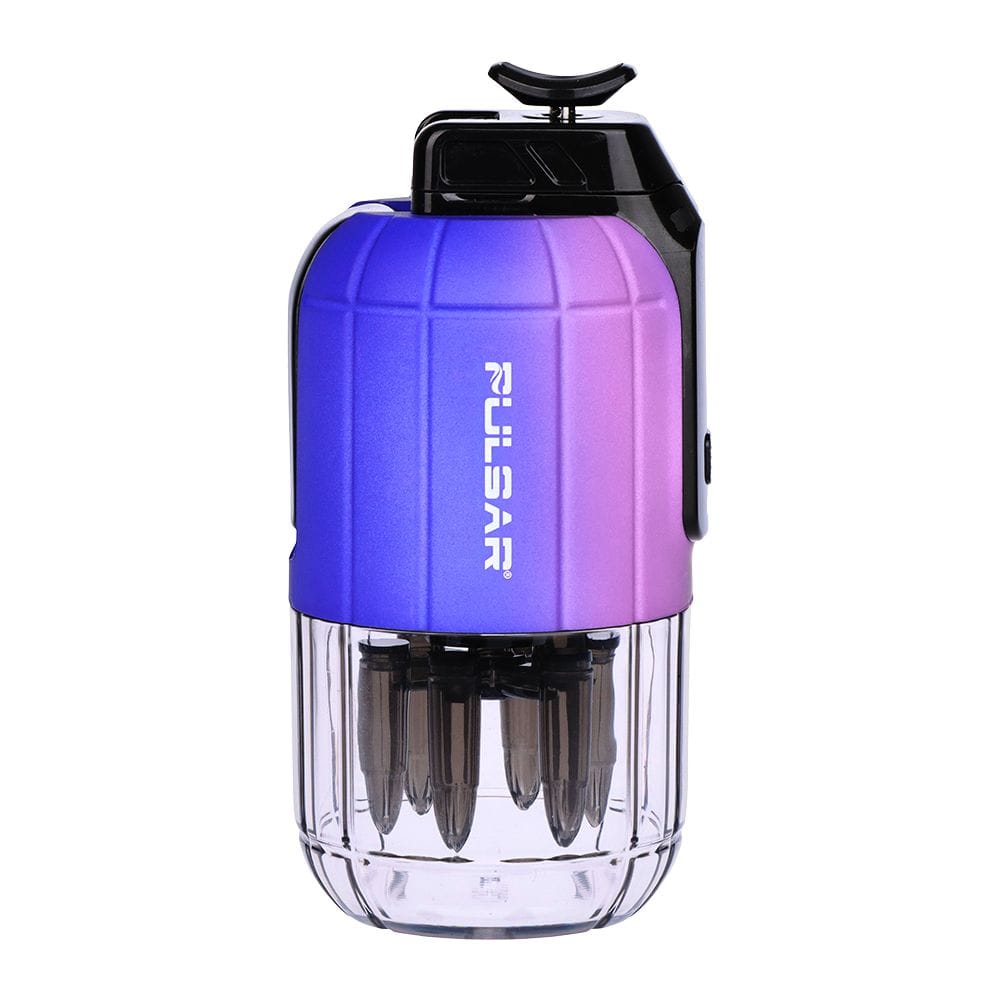 Front view of the Pulsar Dabtron 2.0 Electric Dab Rig | 1500Mah in thermo blue/pink gradient, on a white background showing its clear base and top controls.