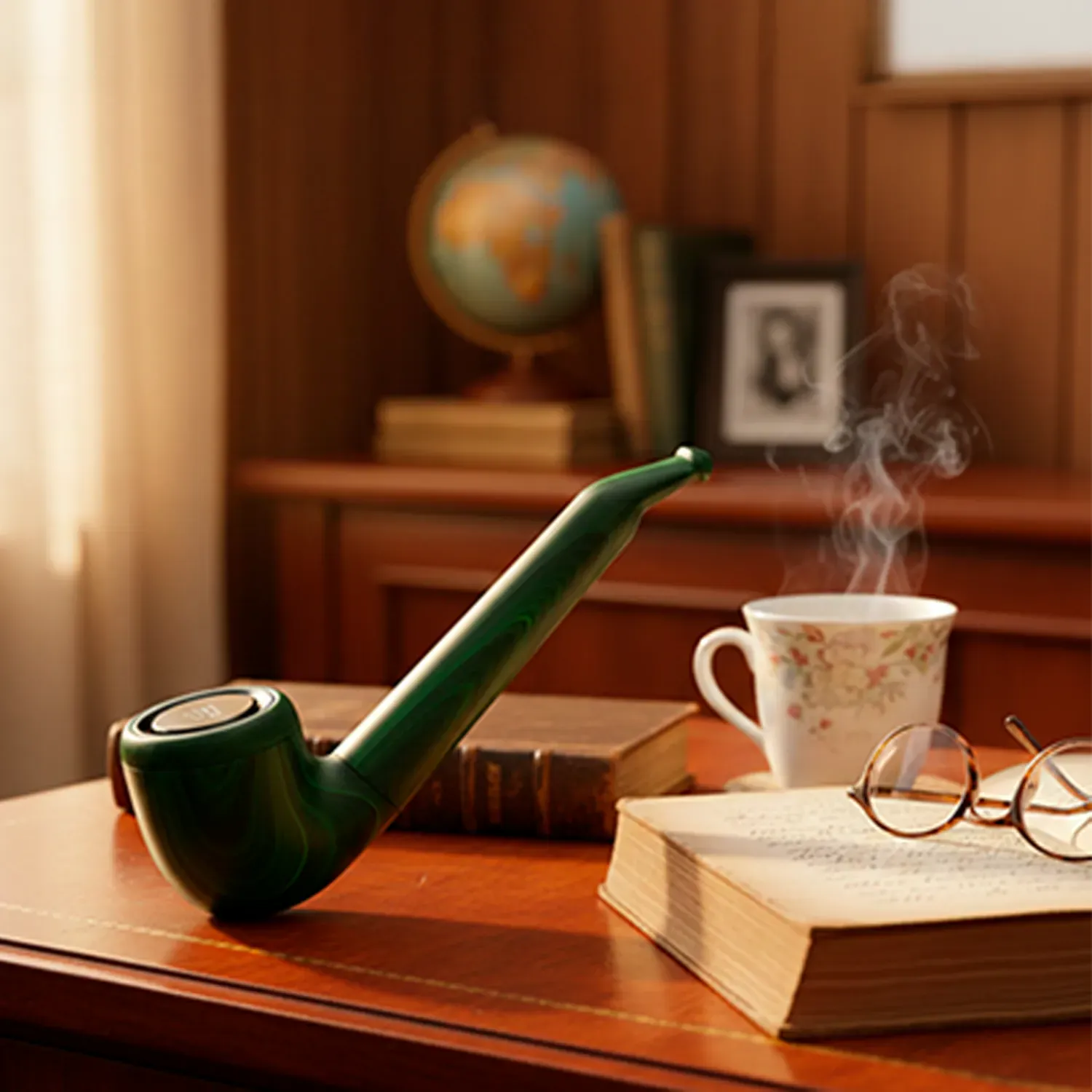 Angled close-up of the Pulsar 510 Dl Pipe Variable Voltage Cartridge Vape | 650Mah resting on a wooden desk beside an open book, steaming teacup, and glasses.