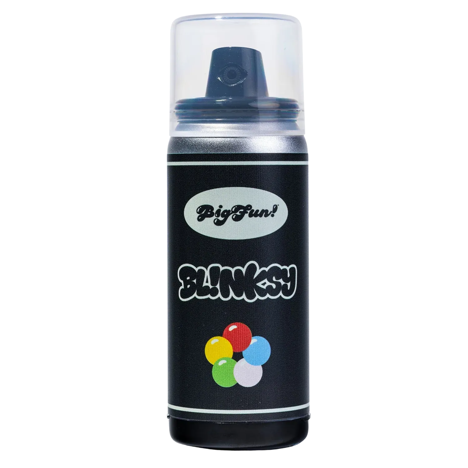 Straight-on view of a black canister with a clear cap, showing the BIGFUN! Blinksy Vaporizer logo and colorful bubble graphic on its front.