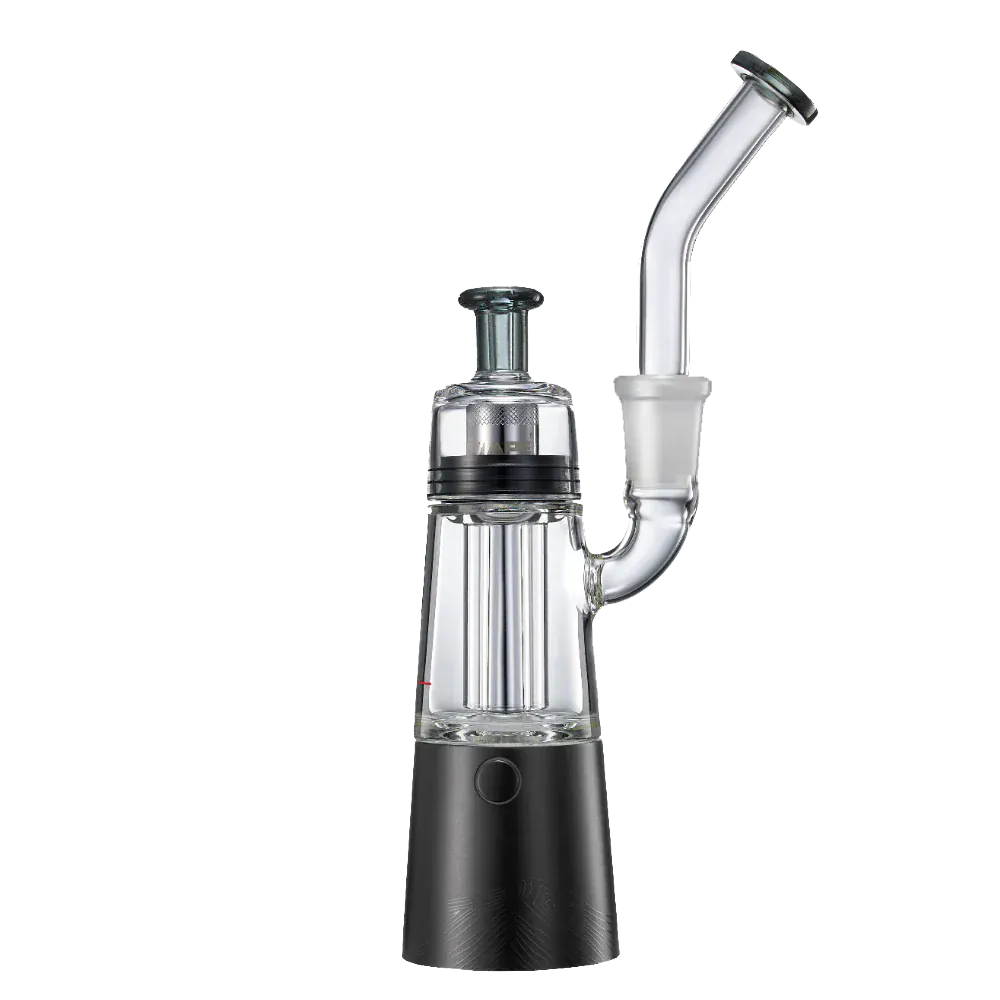 Straight-on view of the black XVAPE VISTA MINI 2 standing upright, showing its clear glass water chamber, angled mouthpiece, and matte black base.