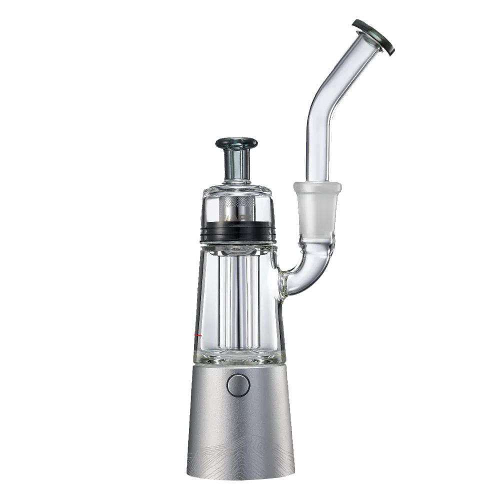 Front-facing view of the silver XVAPE VISTA MINI 2 with its clear glass water chamber, vertical percolator, angled mouthpiece, and metallic base.