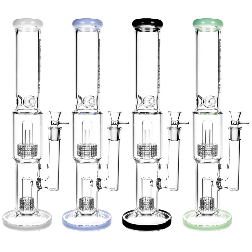 Row of four straight-tube Pulsar Borosilicate Bong- 16.5" / 19Mm F models photographed front-on, each clear glass with different colored mouthpiece and base accents.