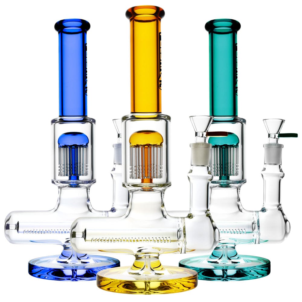 Front-facing trio shot of three Pulsar Jellyfish Inline Perc Bong - 11"/14Mm F/Colors Vary models with blue, amber, and teal necks on a white background.