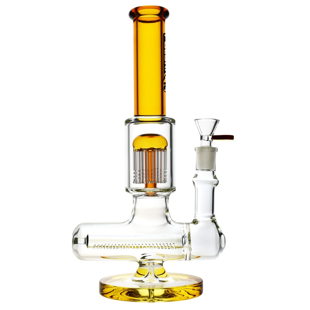 Front view of the Pulsar Jellyfish Inline Perc Bong - 11"/14Mm F/Colors Vary showing a yellow-tinted straight tube with inline percolator.